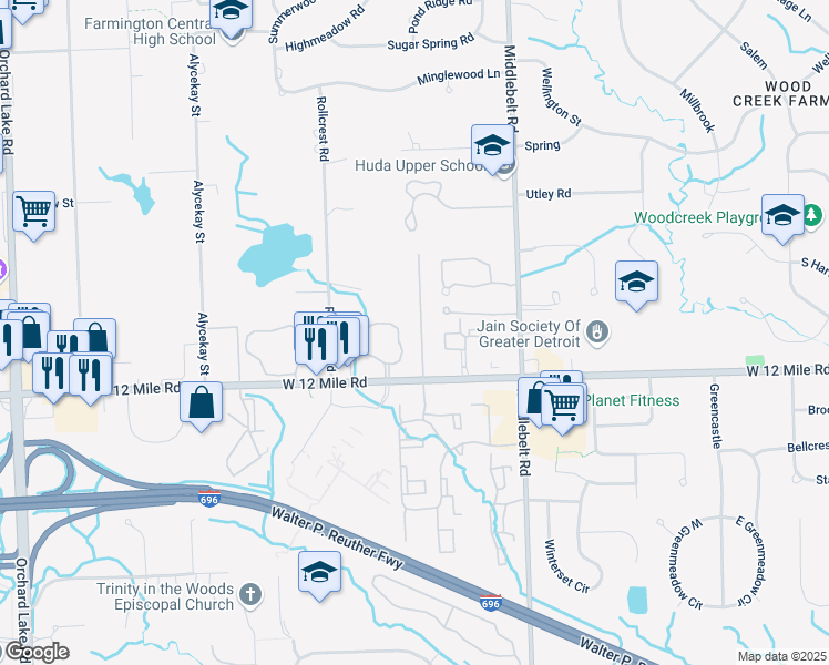 map of restaurants, bars, coffee shops, grocery stores, and more near 28075 David Street in Farmington Hills