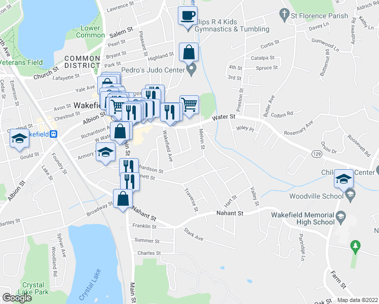 map of restaurants, bars, coffee shops, grocery stores, and more near 18 Bancroft Avenue in Wakefield