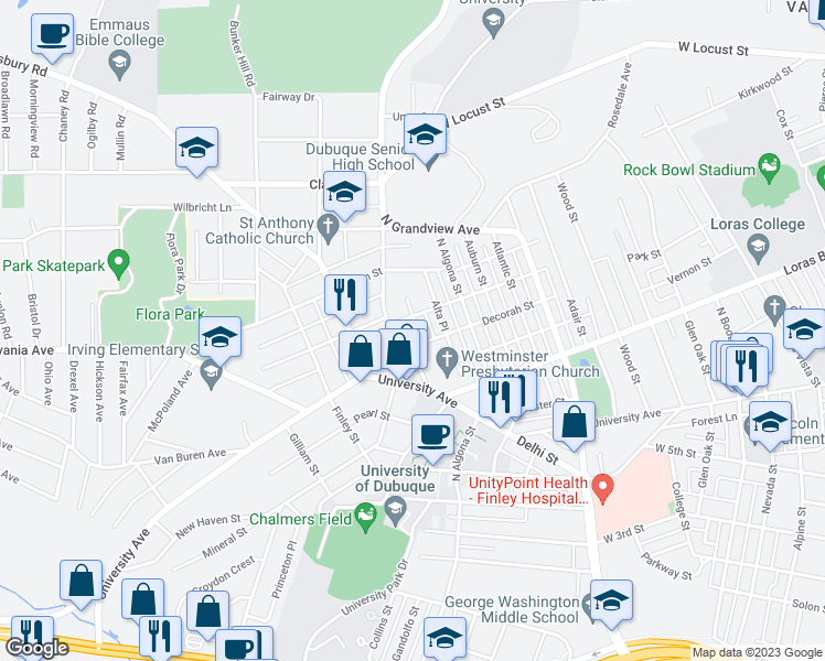 map of restaurants, bars, coffee shops, grocery stores, and more near 1655 Ashton Place in Dubuque