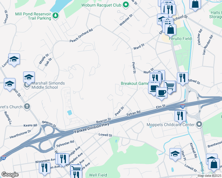 map of restaurants, bars, coffee shops, grocery stores, and more near 8 Kimball Court in Burlington