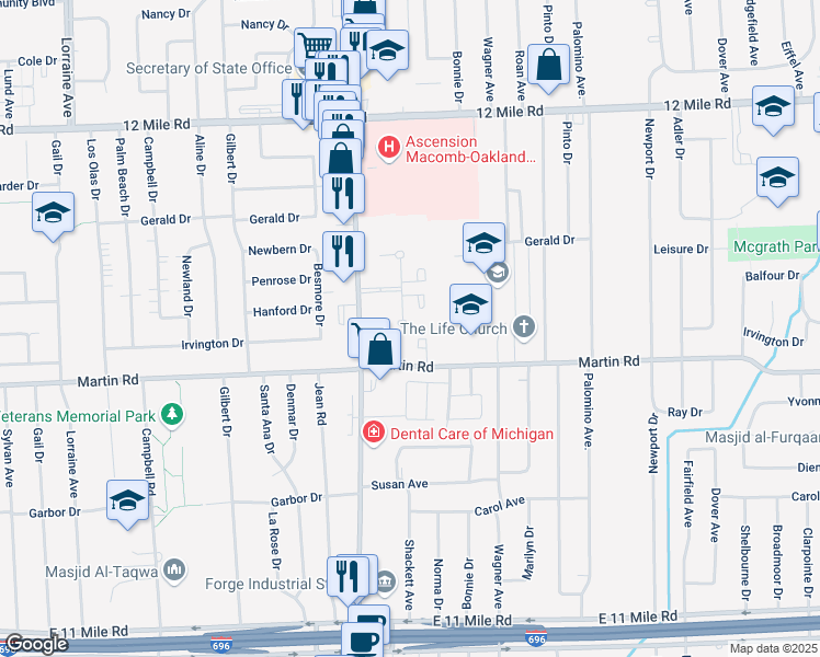 map of restaurants, bars, coffee shops, grocery stores, and more near 28250 Hoover Road in Warren