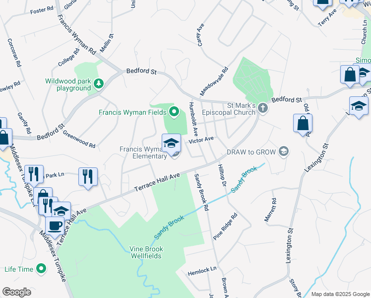 map of restaurants, bars, coffee shops, grocery stores, and more near 6 Polk Street in Burlington