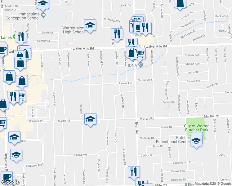 map of restaurants, bars, coffee shops, grocery stores, and more near 3719 Robertson Drive in Warren