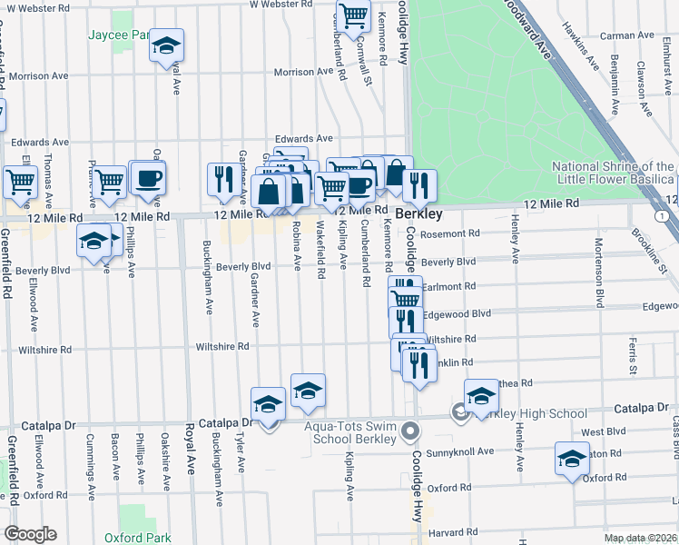 map of restaurants, bars, coffee shops, grocery stores, and more near 3169 Kipling Avenue in Berkley