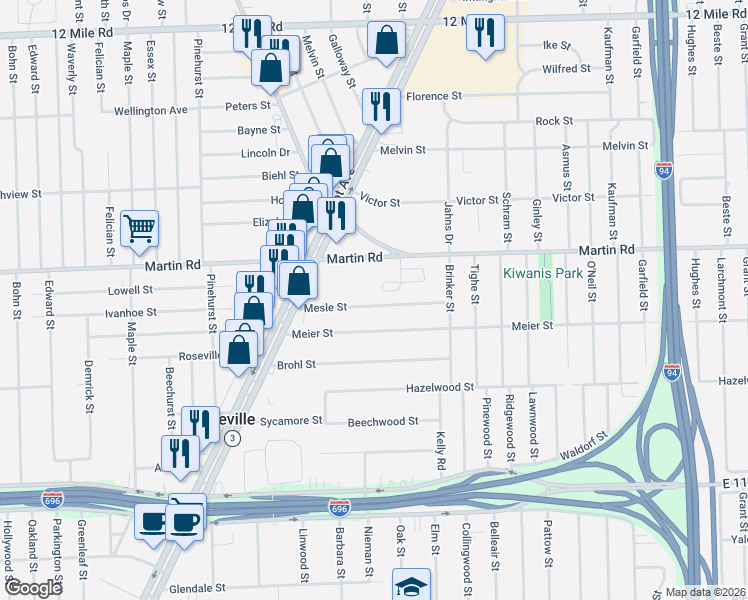 map of restaurants, bars, coffee shops, grocery stores, and more near 18445 Mesle Street in Roseville