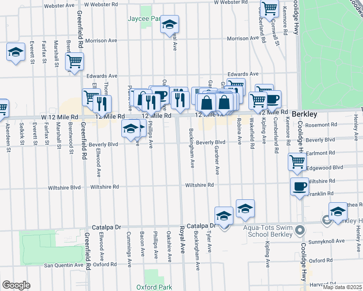 map of restaurants, bars, coffee shops, grocery stores, and more near 3186 Royal Avenue in Berkley