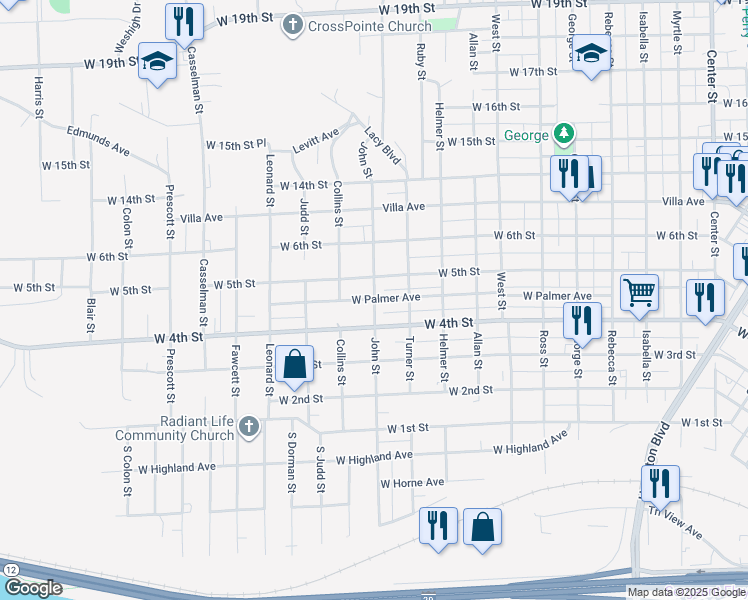 map of restaurants, bars, coffee shops, grocery stores, and more near 2100 West Palmer Avenue in Sioux City