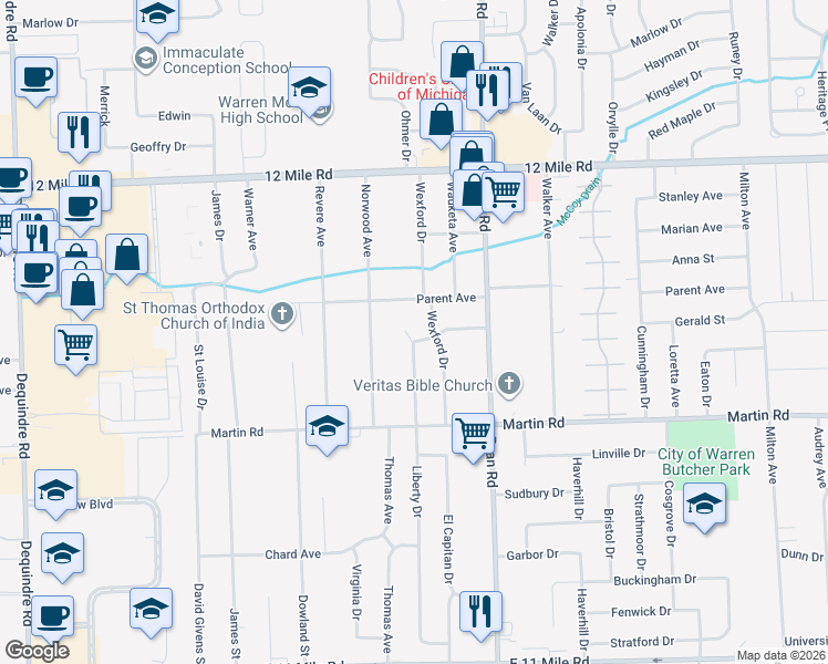 map of restaurants, bars, coffee shops, grocery stores, and more near 3719 Robertson Drive in Warren