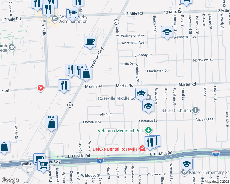 map of restaurants, bars, coffee shops, grocery stores, and more near 27941 Woodmont Street in Roseville