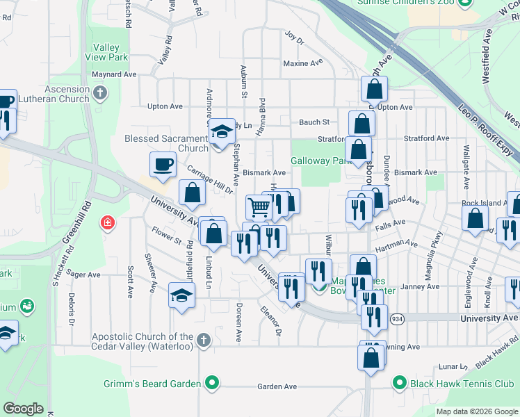 map of restaurants, bars, coffee shops, grocery stores, and more near 811 Hanna Boulevard in Waterloo