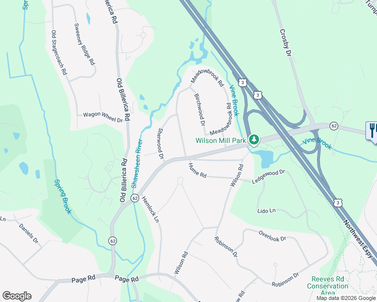 map of restaurants, bars, coffee shops, grocery stores, and more near 1 Meadowbrook Road in Bedford