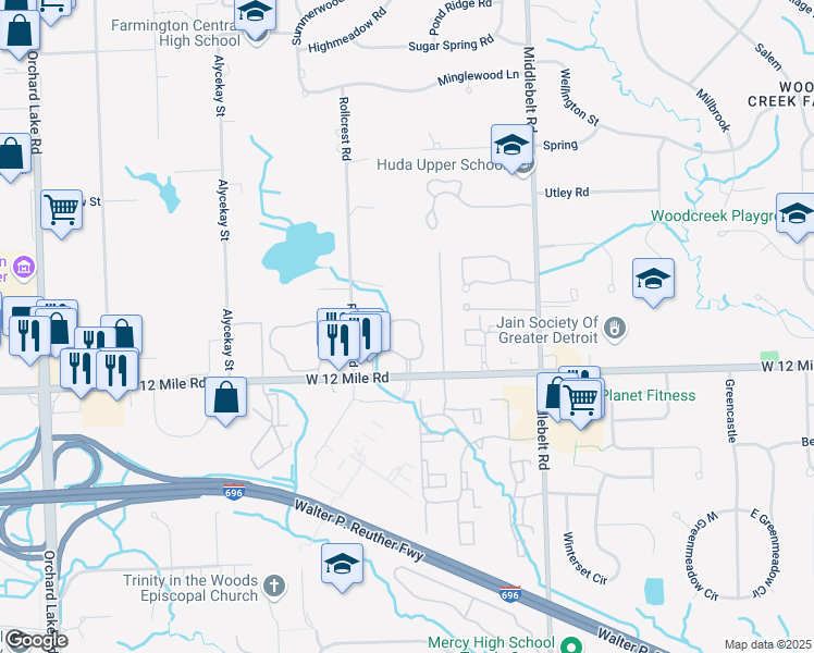 map of restaurants, bars, coffee shops, grocery stores, and more near 29870 West 12 Mile Road in Farmington Hills