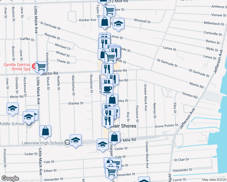 map of restaurants, bars, coffee shops, grocery stores, and more near 28200 Harper Ave in St Clair Shores