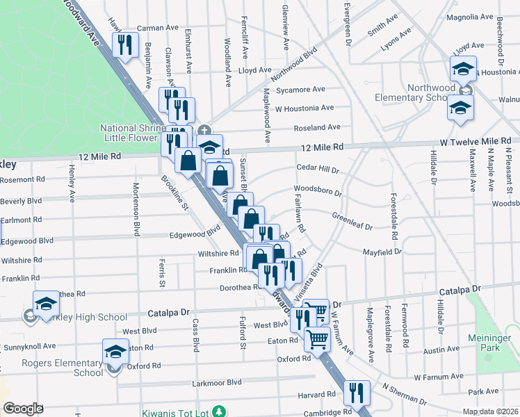 map of restaurants, bars, coffee shops, grocery stores, and more near 1929 Woodsboro Drive in Royal Oak