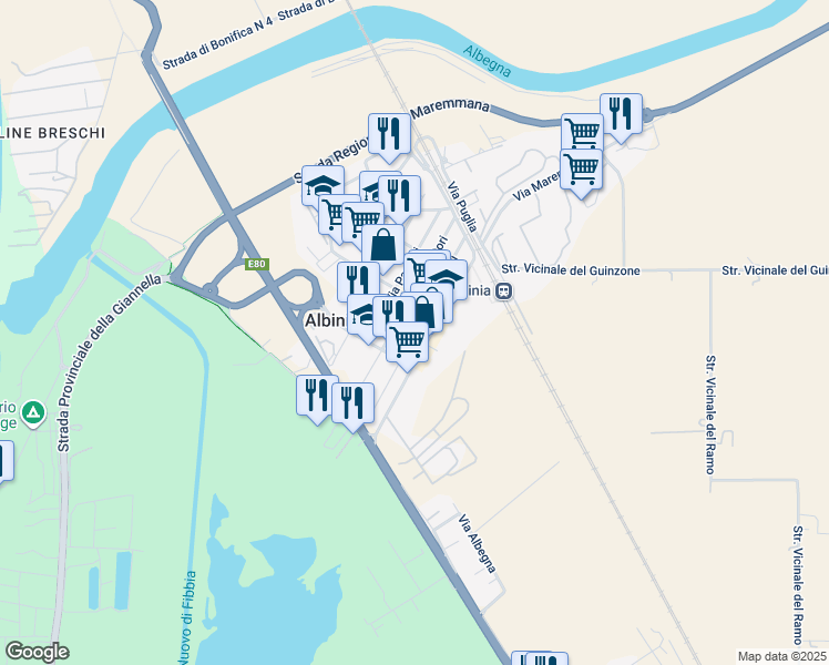 map of restaurants, bars, coffee shops, grocery stores, and more near 16 Via Renato Fucini in Albinia