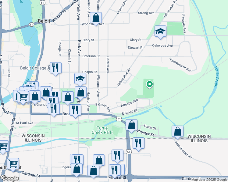 map of restaurants, bars, coffee shops, grocery stores, and more near 1216 Bushnell Street in Beloit