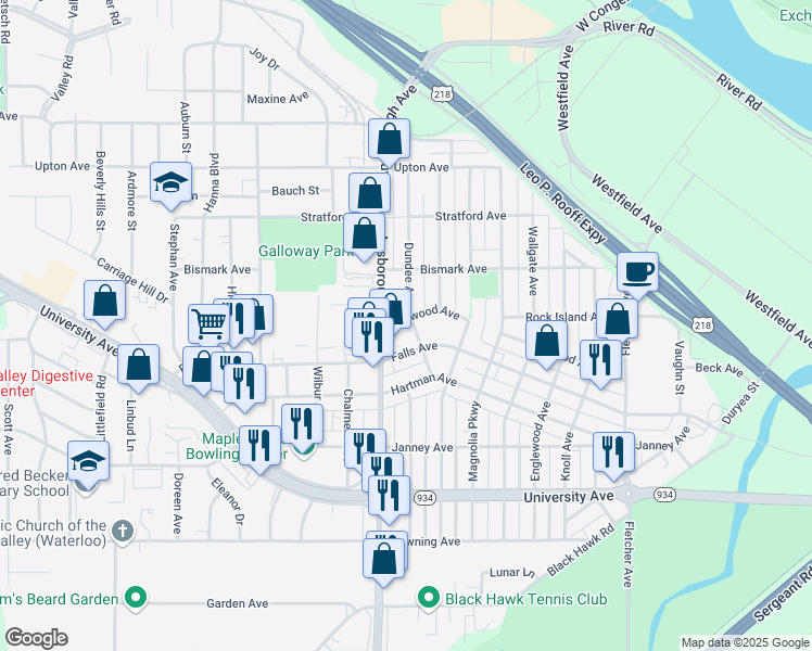 map of restaurants, bars, coffee shops, grocery stores, and more near 802 Dundee Avenue in Waterloo