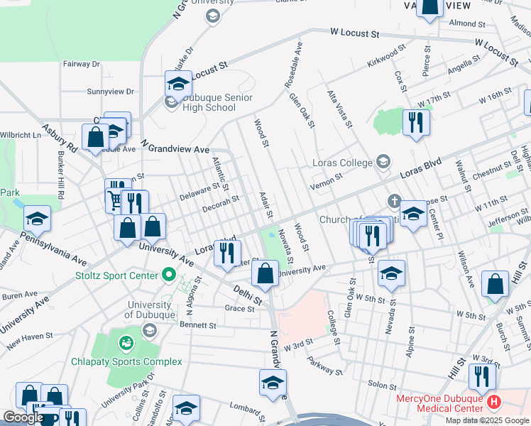 map of restaurants, bars, coffee shops, grocery stores, and more near 1475 Adair Street in Dubuque