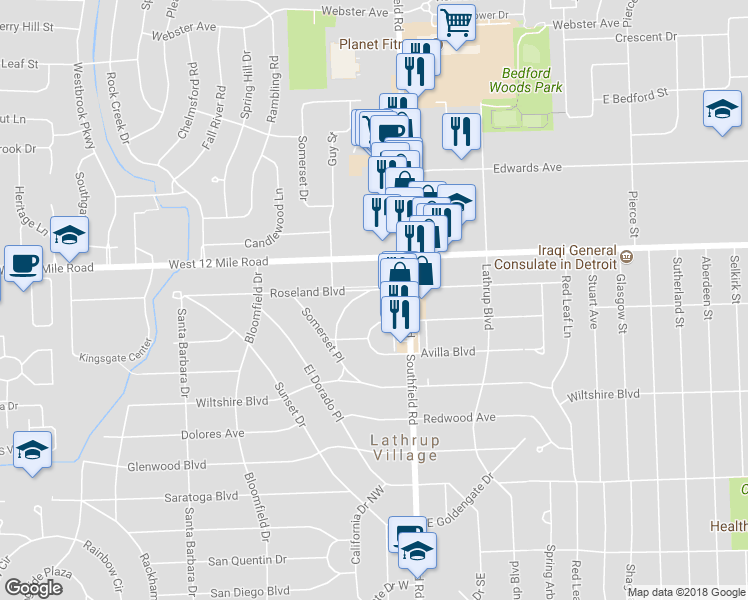 map of restaurants, bars, coffee shops, grocery stores, and more near 18175 Roseland Boulevard in Lathrup Village