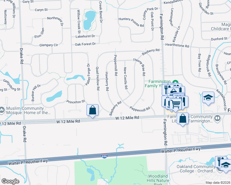 map of restaurants, bars, coffee shops, grocery stores, and more near 28211 Peppermill Road in Farmington Hills