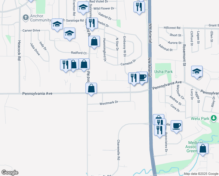 map of restaurants, bars, coffee shops, grocery stores, and more near 4135 Pennsylvania Avenue in Dubuque