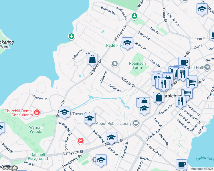 map of restaurants, bars, coffee shops, grocery stores, and more near 7 Girdler Road in Marblehead