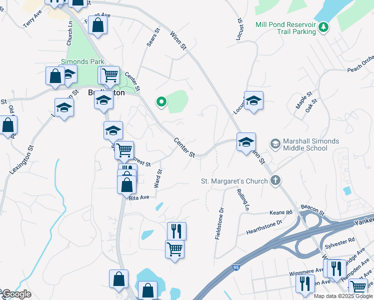 map of restaurants, bars, coffee shops, grocery stores, and more near 83 Center Street in Burlington