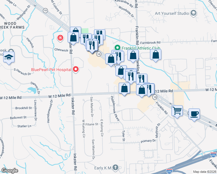 map of restaurants, bars, coffee shops, grocery stores, and more near 26900 West 12 Mile Road in Southfield