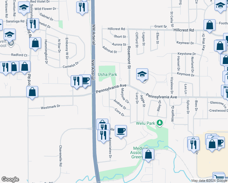 map of restaurants, bars, coffee shops, grocery stores, and more near 1673 Alicia St in Dubuque