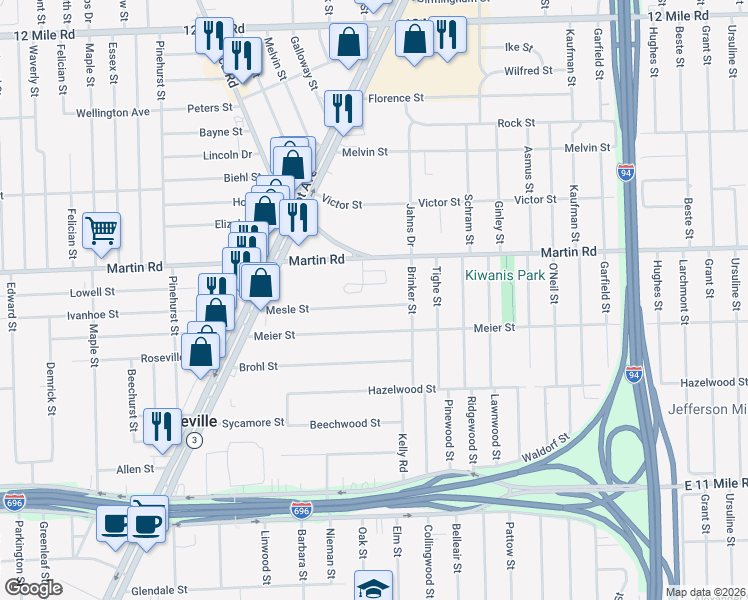 map of restaurants, bars, coffee shops, grocery stores, and more near 18605 Mesle Street in Roseville