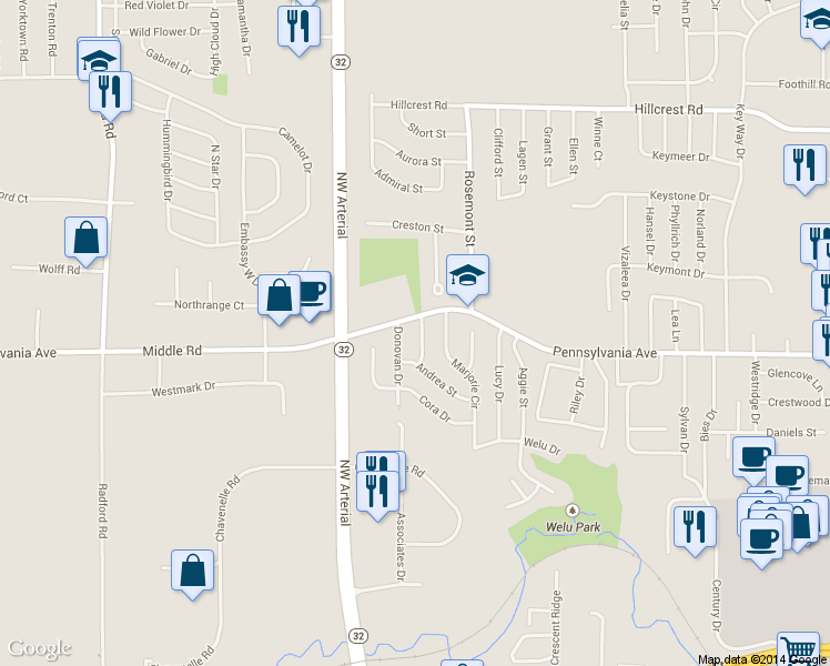 map of restaurants, bars, coffee shops, grocery stores, and more near 1673 Alicia St in Dubuque