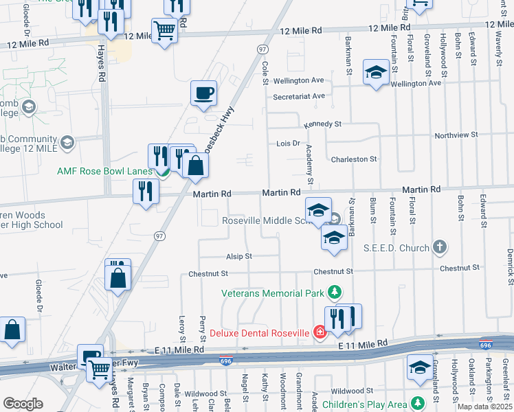 map of restaurants, bars, coffee shops, grocery stores, and more near 27921 Woodmont Street in Roseville