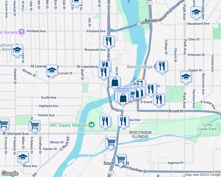 map of restaurants, bars, coffee shops, grocery stores, and more near 120 West Grand Avenue in Beloit