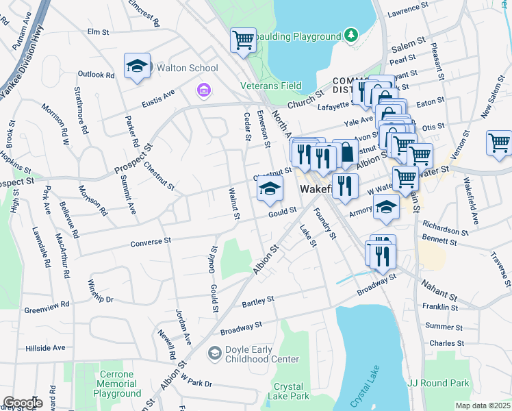 map of restaurants, bars, coffee shops, grocery stores, and more near 66 Cedar Street in Wakefield