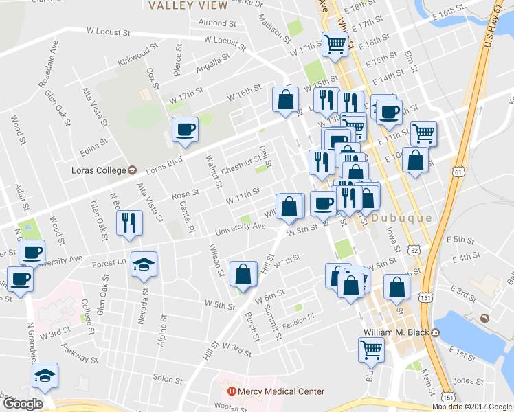 map of restaurants, bars, coffee shops, grocery stores, and more near 619 Jefferson Street in Dubuque