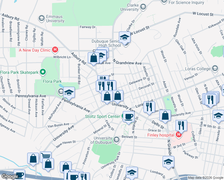map of restaurants, bars, coffee shops, grocery stores, and more near 2222 Cherry St in Dubuque