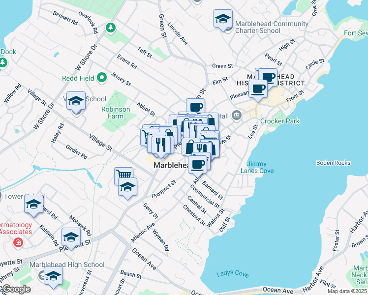 map of restaurants, bars, coffee shops, grocery stores, and more near 1 Pleasant Lane in Marblehead