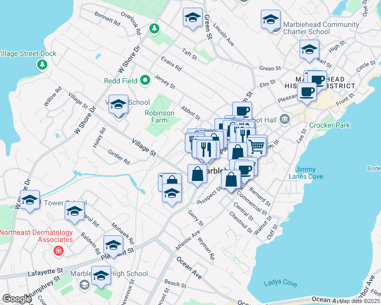 map of restaurants, bars, coffee shops, grocery stores, and more near 30 Bessom Street in Marblehead