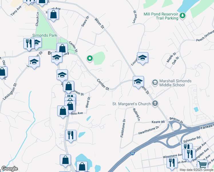 map of restaurants, bars, coffee shops, grocery stores, and more near 83 Center Street in Burlington
