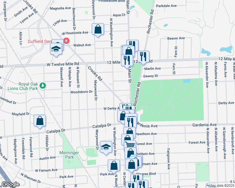 map of restaurants, bars, coffee shops, grocery stores, and more near 1414 Crooks Road in Royal Oak