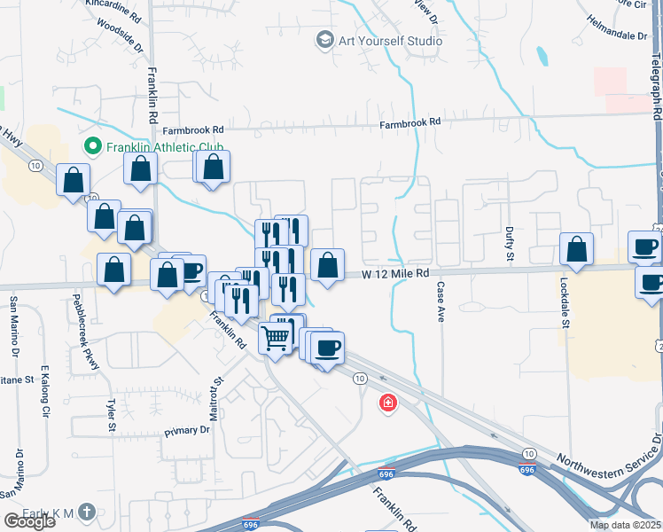 map of restaurants, bars, coffee shops, grocery stores, and more near in Southfield