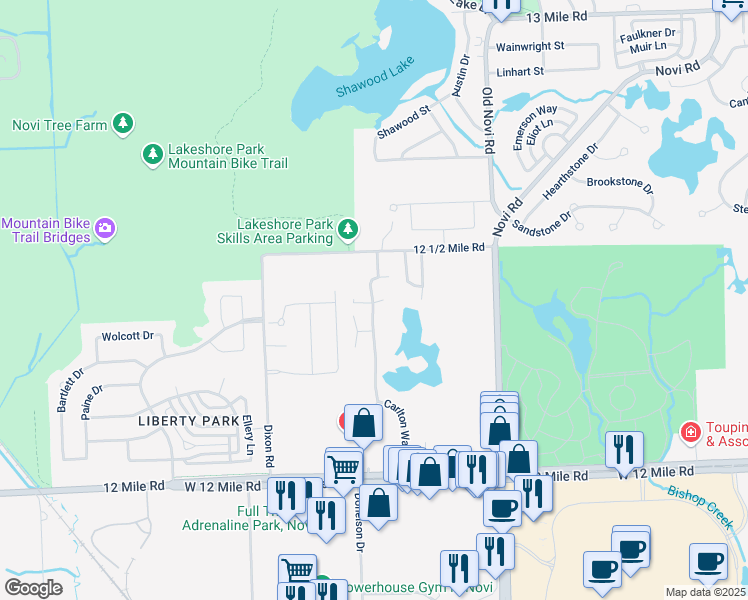 map of restaurants, bars, coffee shops, grocery stores, and more near 28418 Carlton Way Drive in Novi
