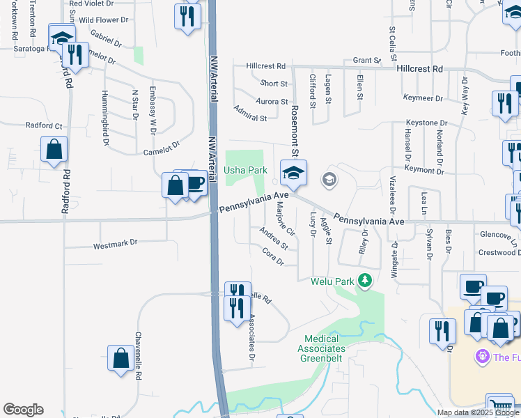 map of restaurants, bars, coffee shops, grocery stores, and more near 1673 Alicia St in Dubuque