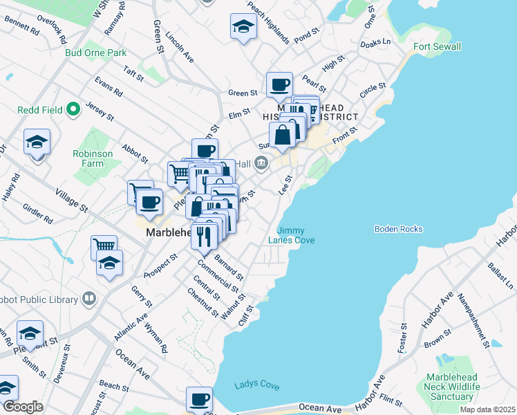 map of restaurants, bars, coffee shops, grocery stores, and more near 16 Waldron Street in Marblehead