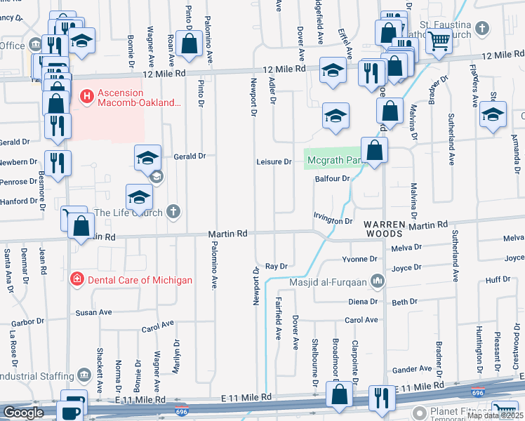 map of restaurants, bars, coffee shops, grocery stores, and more near 28054 Newport Drive in Warren