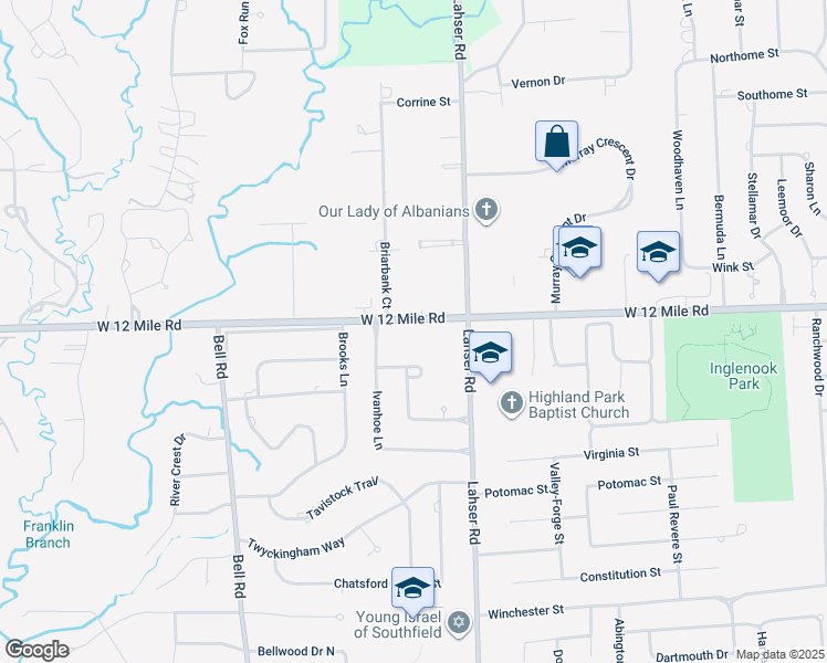 map of restaurants, bars, coffee shops, grocery stores, and more near 22277 West 12 Mile Road in Southfield