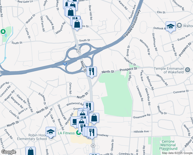 map of restaurants, bars, coffee shops, grocery stores, and more near 45 North Street in Stoneham
