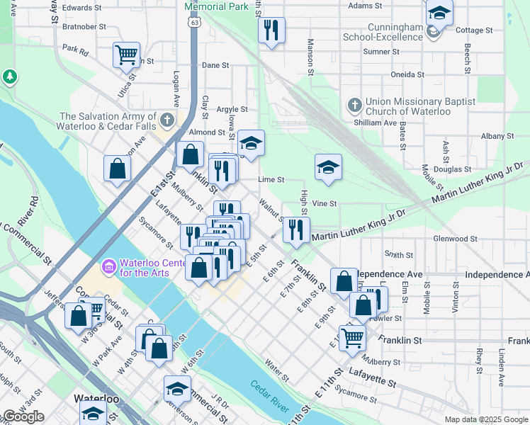 map of restaurants, bars, coffee shops, grocery stores, and more near 524 East 4th Street in Waterloo
