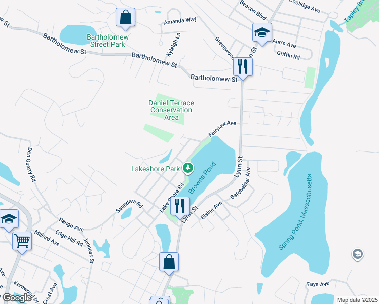 map of restaurants, bars, coffee shops, grocery stores, and more near 45 Fairview Avenue in Peabody