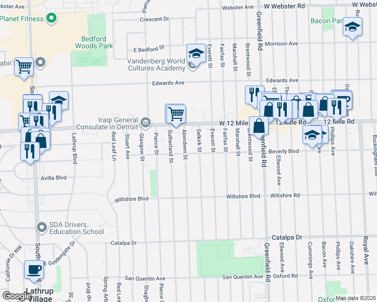 map of restaurants, bars, coffee shops, grocery stores, and more near 28704 Aberdeen Street in Southfield